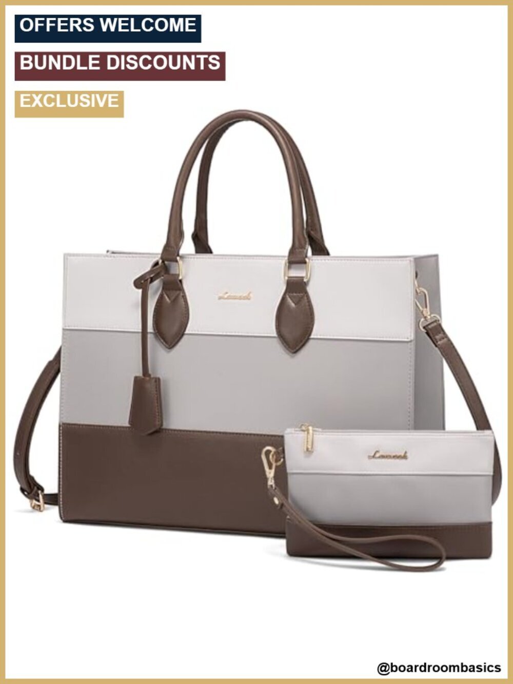 Vegan Leather Laptop Tote Bag for Work, Business Computer Briefcase with Clutch